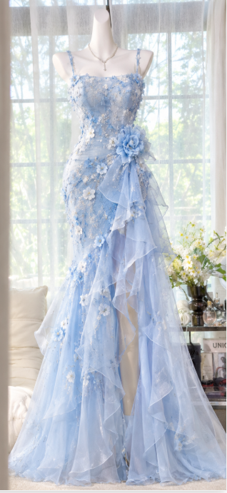 Robe de bal chic bleue, fourreau en mousseline, longue robe de soirée DP07705
