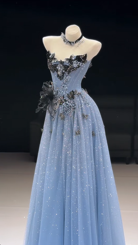 Wunderschönes marineblaues A-Linien-Abendkleid aus Tüll, lang DP07765