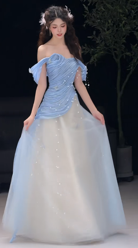 Wunderschönes blaues A-Linien-Abschlussballkleid, langes Tüll-Abendkleid DP07766