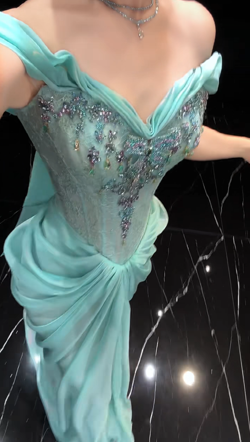 Robe de bal fourreau longue en mousseline bleu Tiffany DP07768