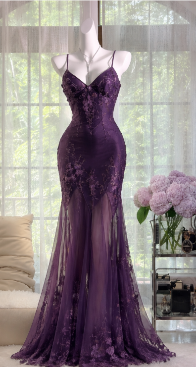 Robe de bal fourreau en mousseline violet foncé, robe de soirée longue DP07777