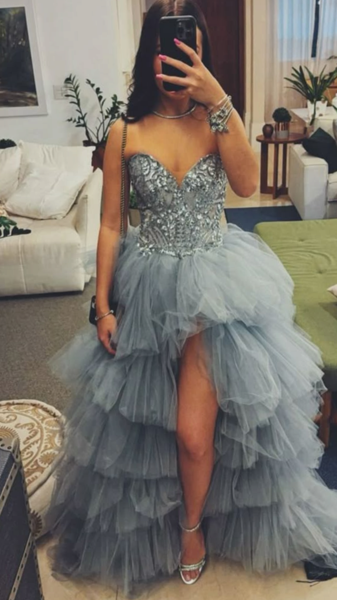 Glam Dusty Blue Prom Dress A-Line Tulle Long Evening Dress DP07791