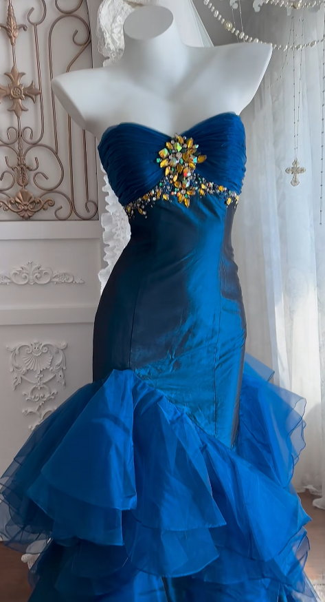 Glam Blue Prom Dress Sheath Satin Long Evening Dress DP07803