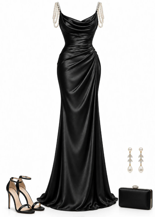 Glam Black Prom Dress Sheath Satin Long Evening Dress DP07807