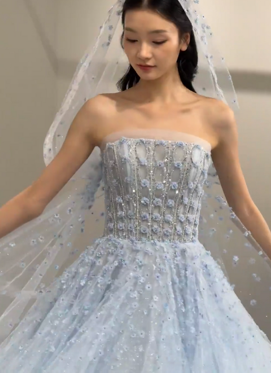 Gorgeous Blue Long Prom Dress A-Line Tulle Beaded Evening Dress DP07826