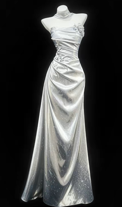 Chic Silver Prom Dress Sheath Satin Long Evening Dress DP07860