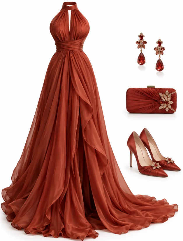 Chic Rust Red Prom Dress Sheath Chiffon Long Evening Dress DP07872