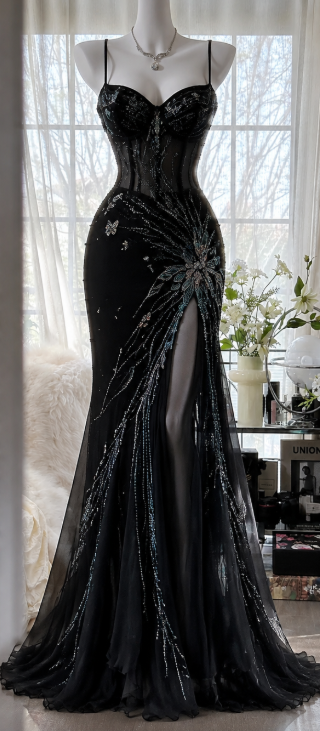 Chic Black Prom Dress Sheath Chiffon Beaded Long Evening Dress DP07876