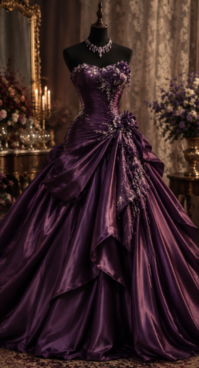 Chic Deep Purple Prom Dress A-Line Satin Beaded Long Evening Dress DP07882