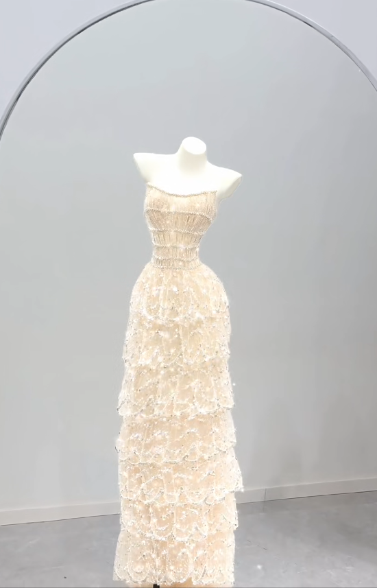 Pretty Yellow Prom Dress Sheath Tulle Beaded Long Evening Dress DP07893