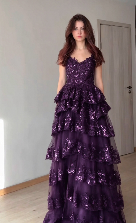 Pretty Deep Purple Prom Dress A-Line Tulle Sequins Long Evening DressDP07909