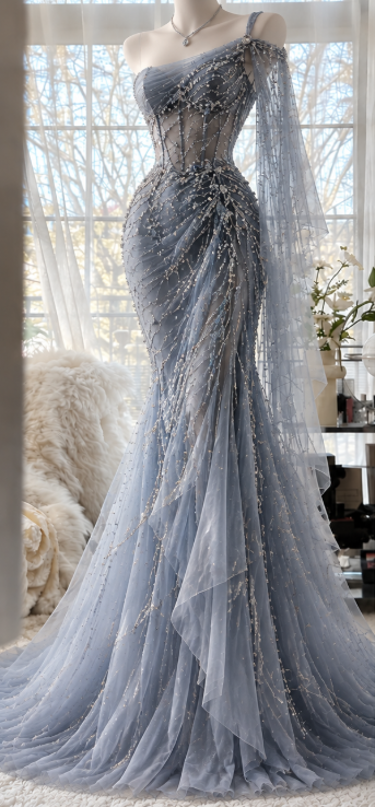 Pretty Blue Prom Dress Sheath Chiffon Beaded Long Evening Dress DP07911