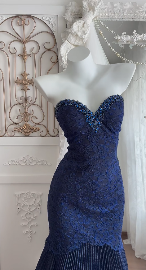 Pretty Navy Blue Prom Dress Sheath Lace Long Evening Dress DP07914