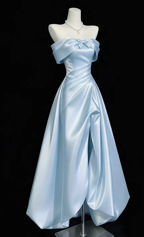 Pretty Pale Blue Prom Dress A-Line Satin Long Evening Dress DP07918