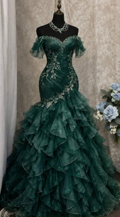 Magnifique robe de bal verte, robe de soirée longue en tulle de coupe trapèze DP07941