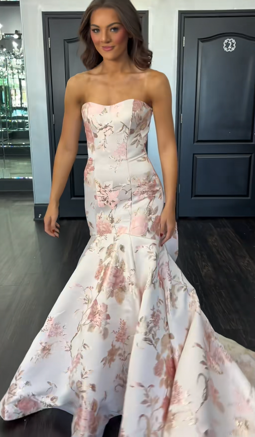 Magnifique robe de bal rose bustier en satin à motif floral, coupe sirène, robe de soirée longue DP07947