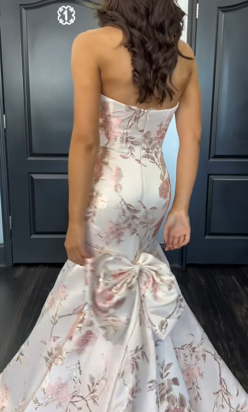 Gorgeous Strapless Pink Prom Dress Mermaid Satin Floral Long Evening Dress DP07947