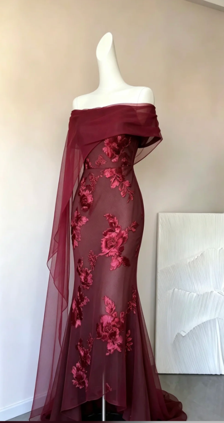 Glam Off-shoulder Burgundy Prom Dress Sheath Chiffon Long Evening Dress DP07954