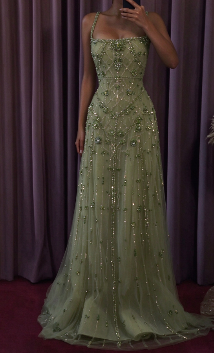 Robe de bal fourreau verte mignonne en mousseline perlée, robe de soirée longue DP07971