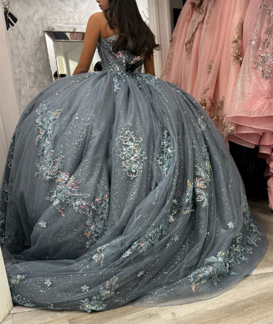 Süßes, staubblaues Sweet-16-Ballkleid aus Tüll, Quinceañera-Kleid, besticktes Geburtstagskleid DP07975