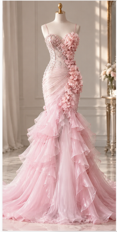 Niedliches Meerjungfrauen-Tüll-Langes Abendkleid Pinkes Ballkleid DP07981