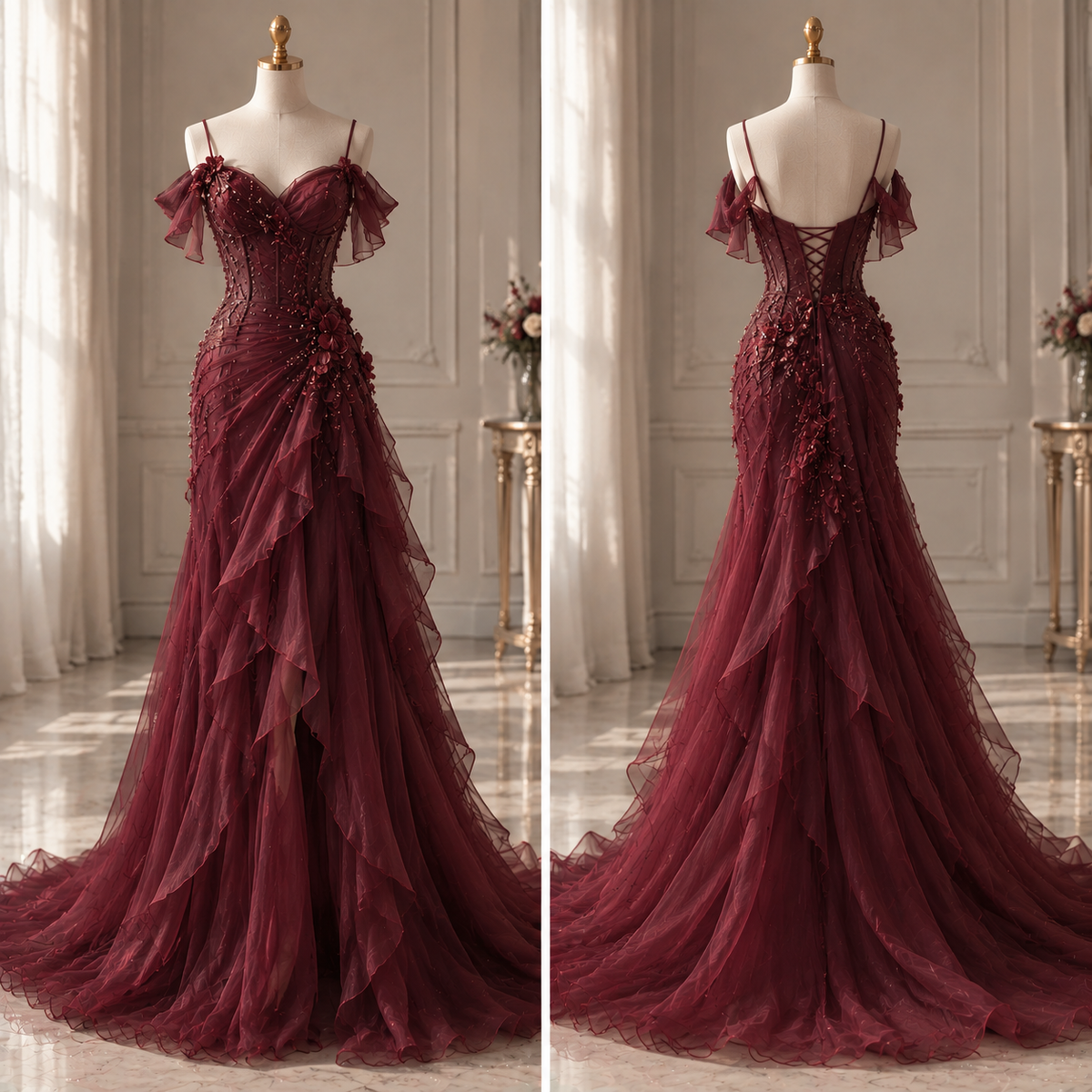Elegant Sheath Beaded Chiffon Long Evening Dress BurgundyProm Dress DP07995
