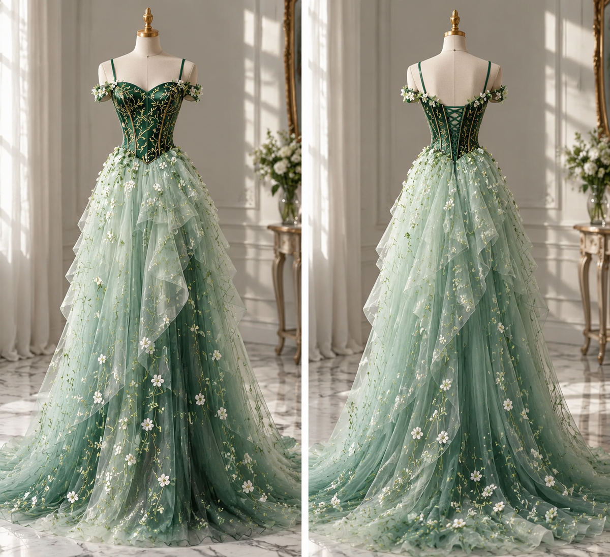 Chic Straps A-Line Tulle Long Evening Dress Green Prom Dress DP08011
