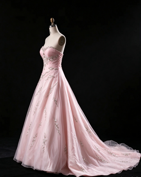 Schickes trägerloses, bodenlanges A-Linien-Abendkleid aus Tüll, rosa Ballkleid DP08014