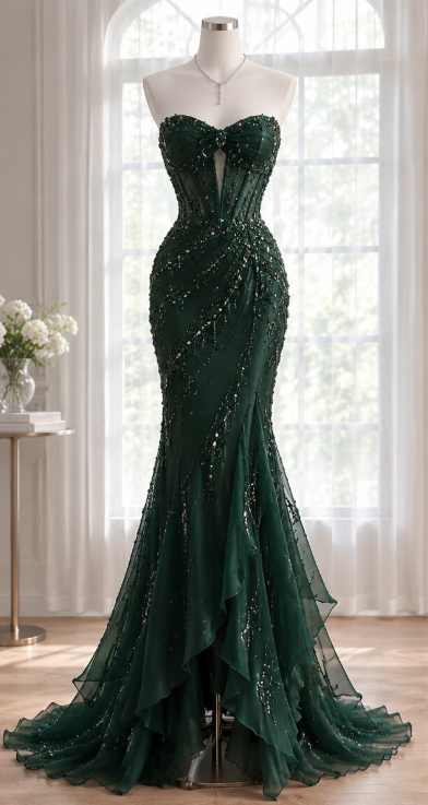 Elegant Mermaid Chiffon Beaded Long Evening Dress Dark Green Prom Dress DP08023