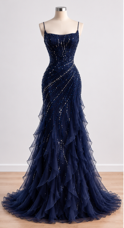 Fairy Sheath Chiffon Long Evening Dress Navy Blue Prom Dress DP08030