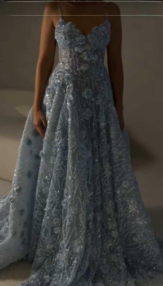 Pretty A-Line Tulle Beaded Long Evening Dress Blue Prom Dress DP08032