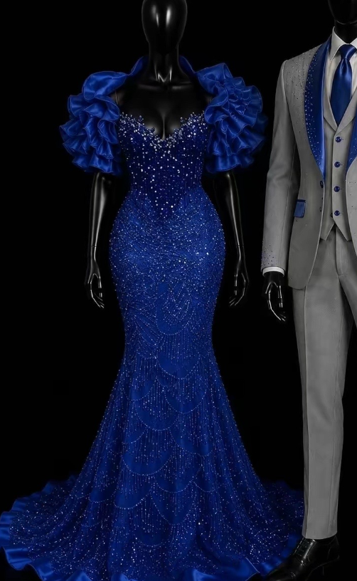 Schönes langes blaues Meerjungfrau-Abendkleid aus Satin mit Perlenbesatz DP08049