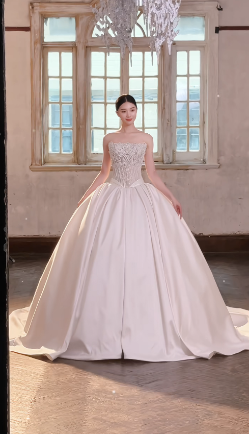 Simple Strapless Bridal Gown A-Line Satin Wedding Dress White Bridal Dress DP08056