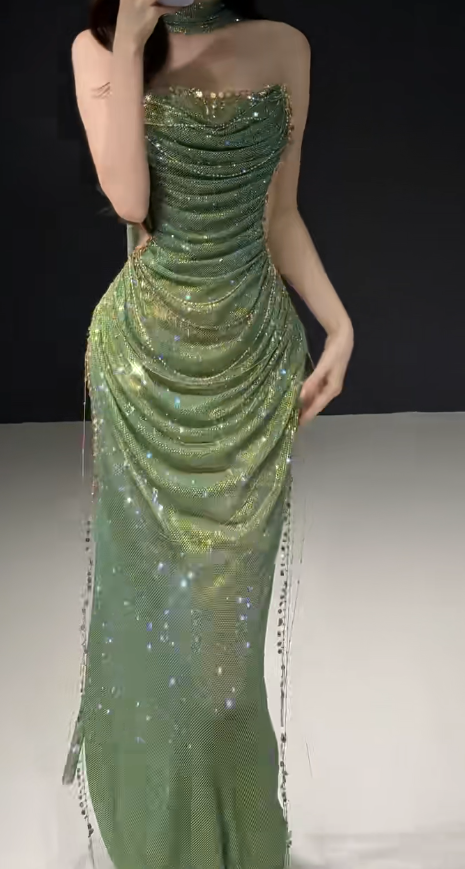 Pretty Green Prom Dress Sheath Tulle Long Evening Dress DP08128