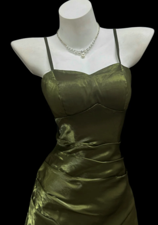 Pretty Olive Green Prom Dress Sheath Satin Long Evening Dress DP08131