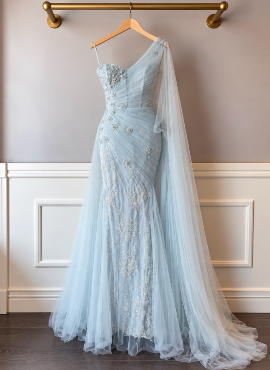 Fairy Pale Blue Prom Dress Sheath Tulle Long Evening Dress DP08210
