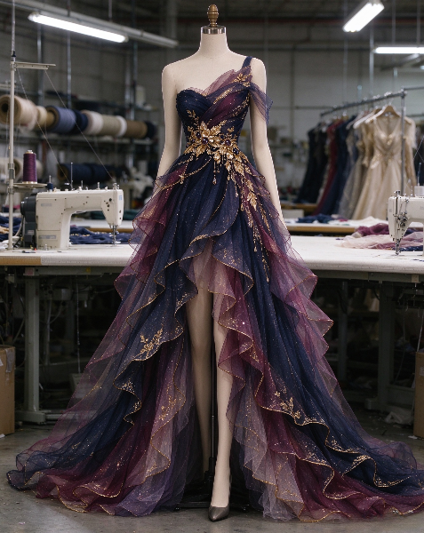 Élégante robe de bal violette longue en tulle coupe trapèze DP08217