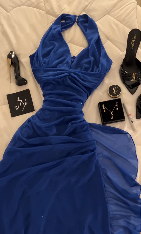 Élégante robe de bal bleu marine, robe de soirée longue fourreau en mousseline DP08219