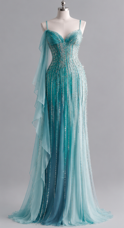 Robe de bal vintage bleue, robe de soirée longue fourreau en mousseline perlée DP08223