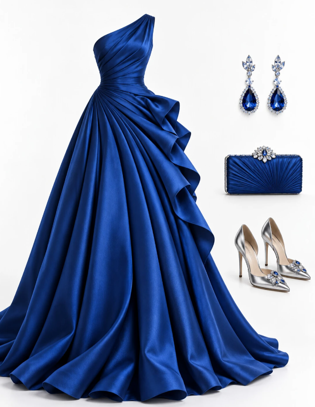Magnifique robe de bal bleue, robe de soirée longue en satin de coupe trapèze DP08244