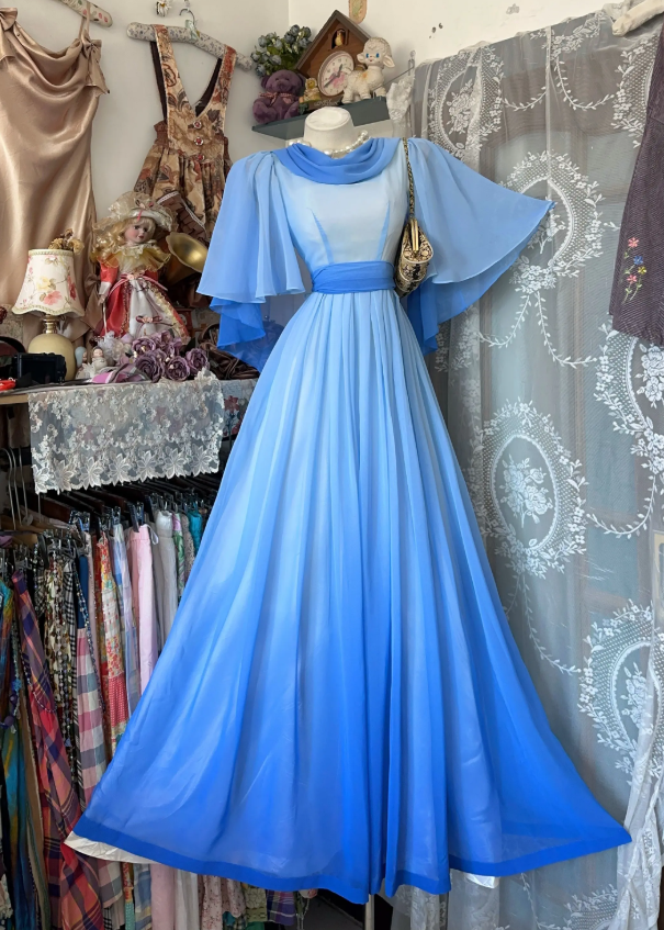 Robe de bal bleue chic, robe de soirée longue en mousseline de coupe trapèze DP08247