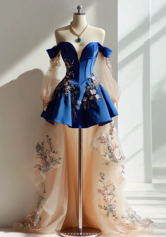 Jolie robe de bal courte bleue coupe trapèze en satin à appliqués robe de fête d’anniversaire DP08268