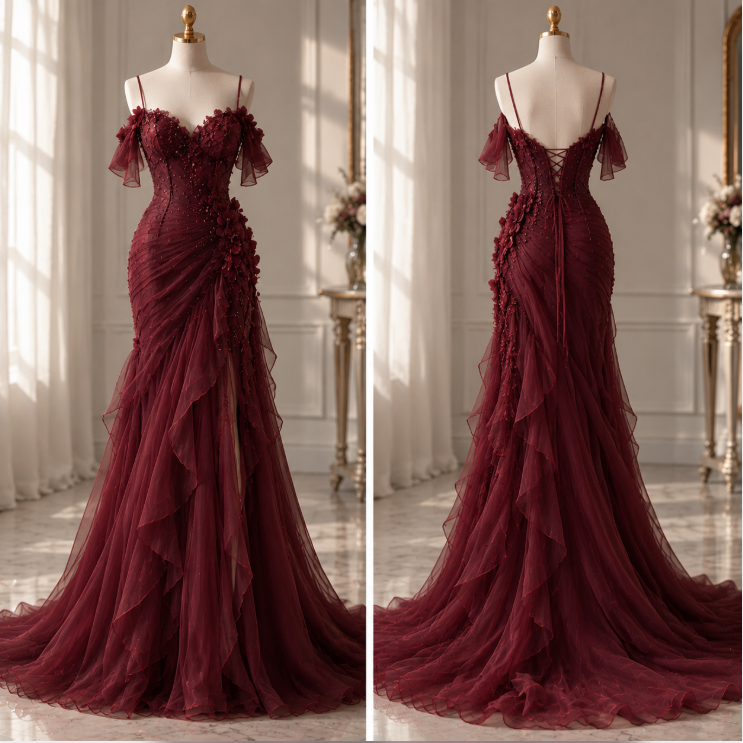 Schönes burgunderrotes, figurbetontes, langes Abendkleid aus Chiffon mit Perlenbesatz DP08277