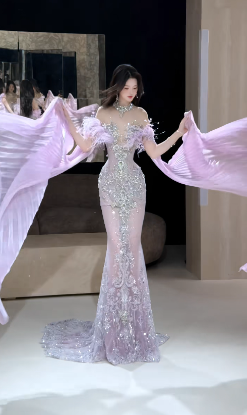 Jolie robe de bal violette, robe de soirée longue fourreau en tulle à perles DP08291