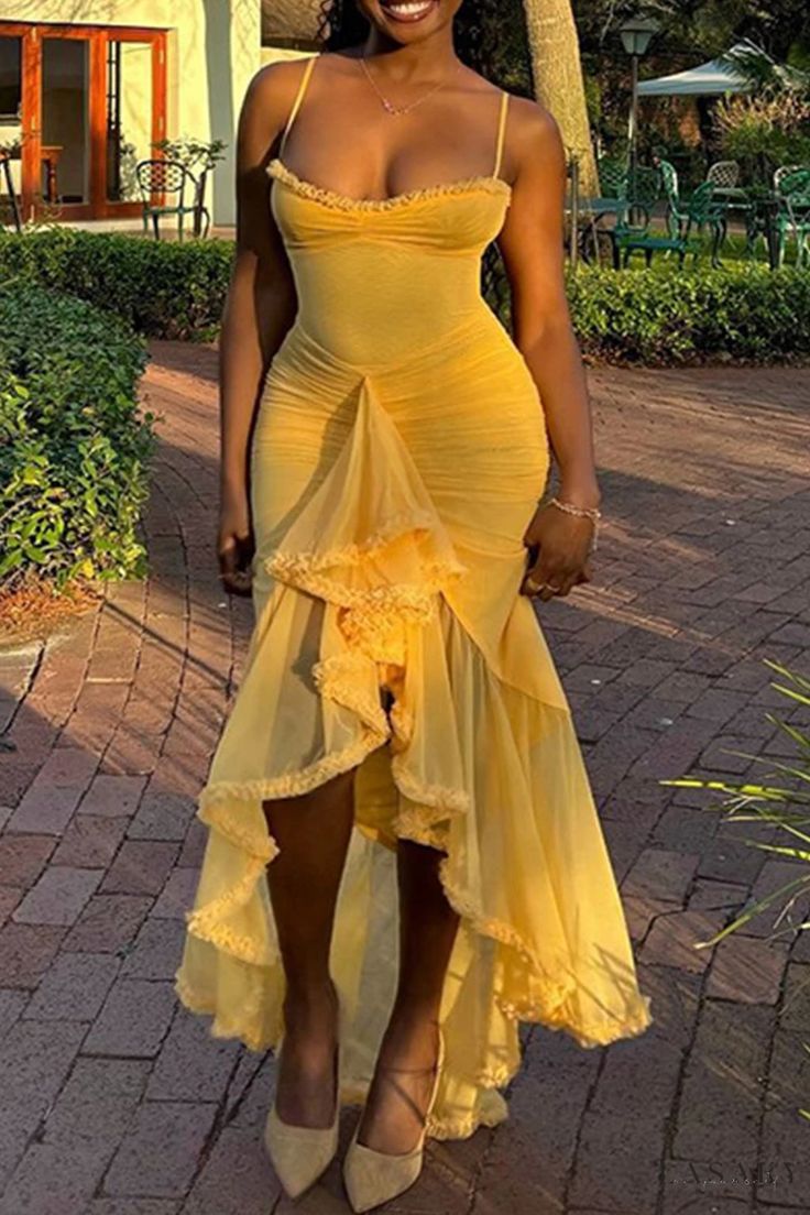Sexy High Low Spaghetti Straps Yellow Long Birthday Dress Prom Dress Baddie Summer Birthday Outfit DP1024