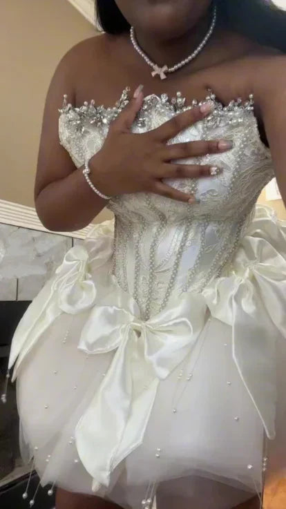 Sexy Ball Gown Strapless White Tulle Short Summer Birthday Dress Hoco Dress Birthday Outfit 18th Birthday Mini Party Dresses DP1047