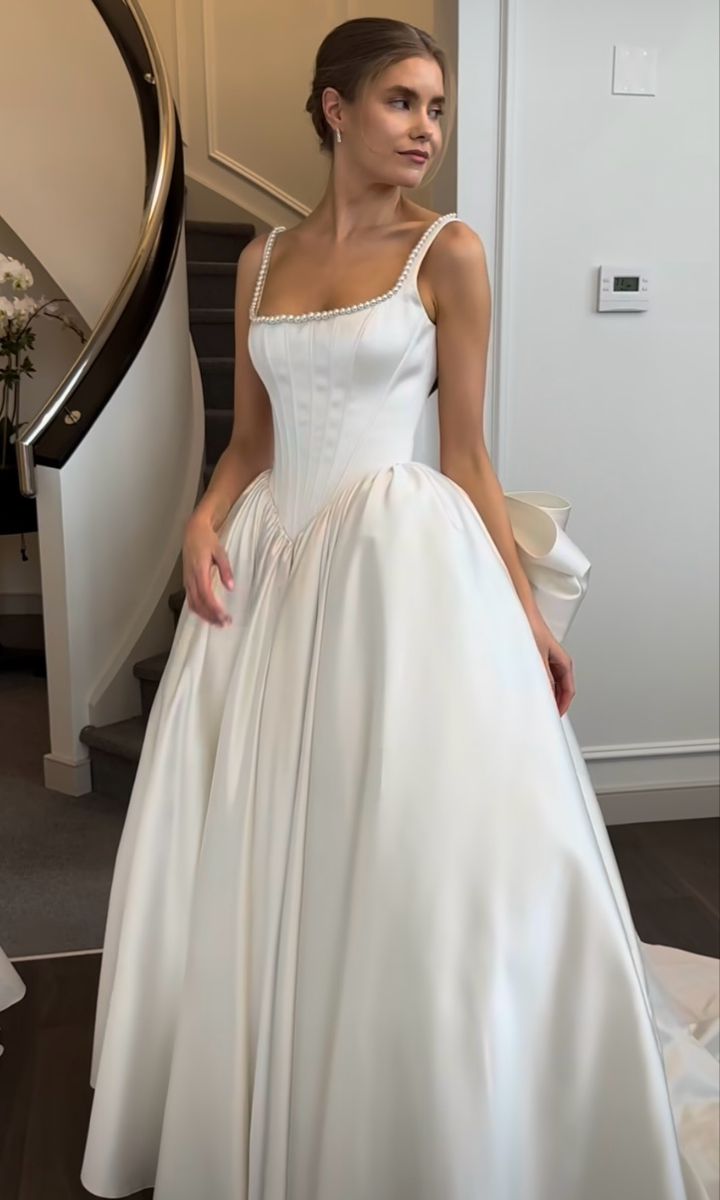Robe de mariée classique, robe de bal, col carré, sans manches, en satin blanc, robes de mariée minimalistes DH738