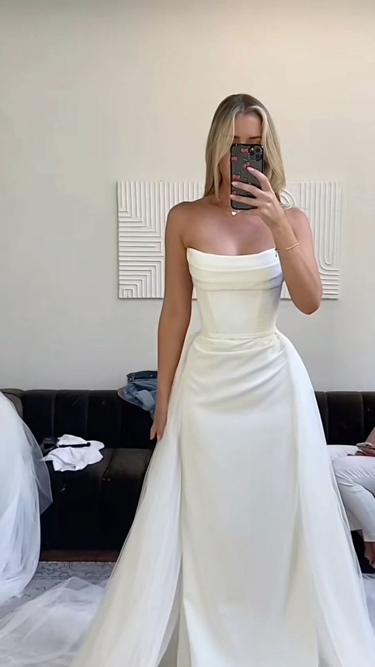 Vintage Bridal Gown Sheath Strapless White Satin Long Wedding Dresses Minimalist Bridal Gowns DP1213