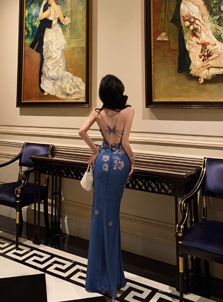 Elegant Mermaid Blue Floral Sleeveless 21st Birthday Dress Party Gown Birthday Outfits Birthday Dress Ideas For Women DP1287