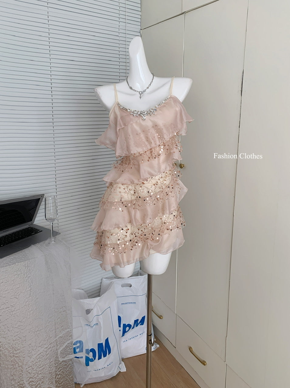 Robe trapèze décontractée à bretelles spaghetti et paillettes roses, tenue d'été courte et décontractée, DP1398